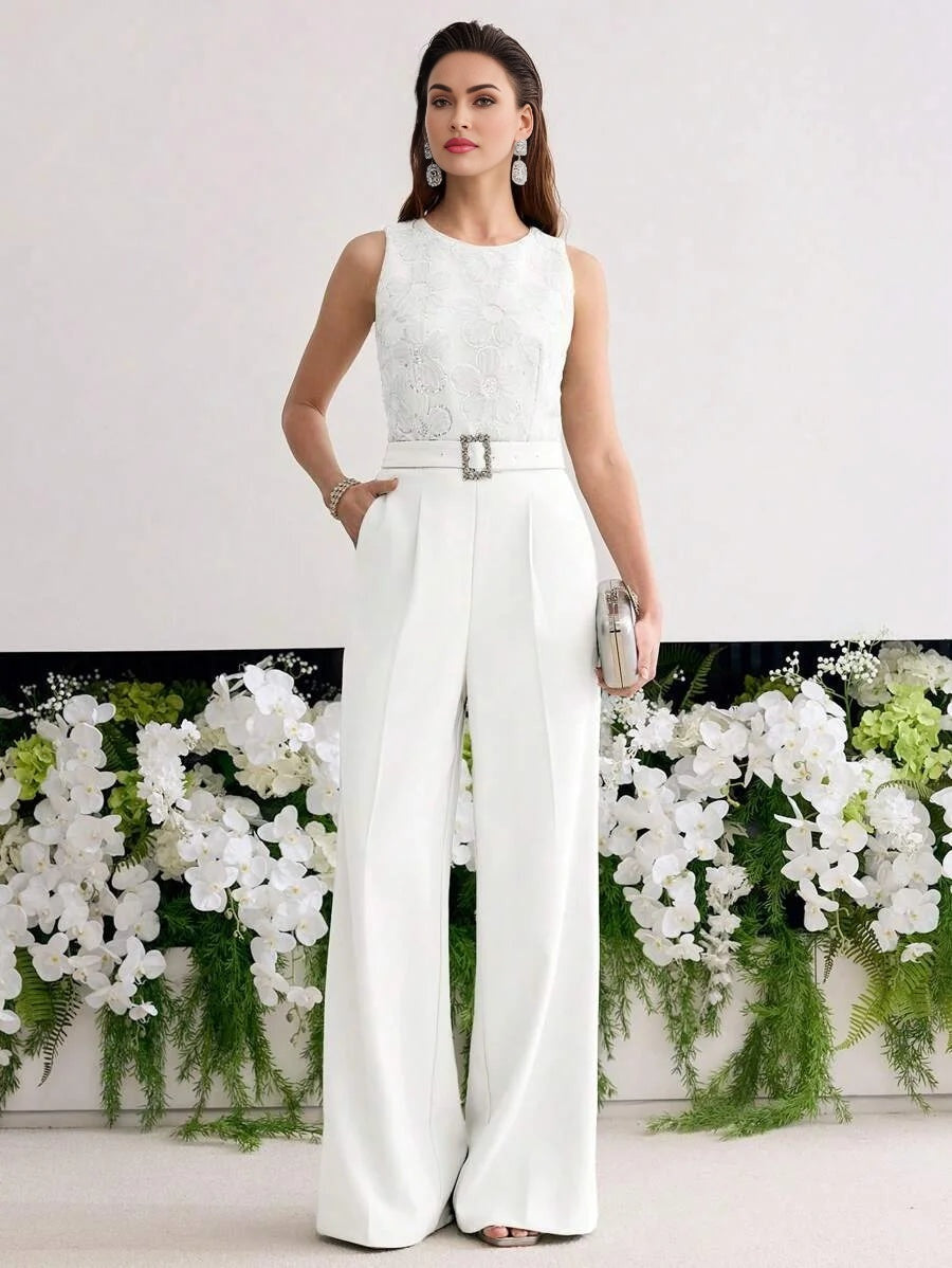 PREMIUM BELTED FLOWER APPLIQUES JUMPSUIT