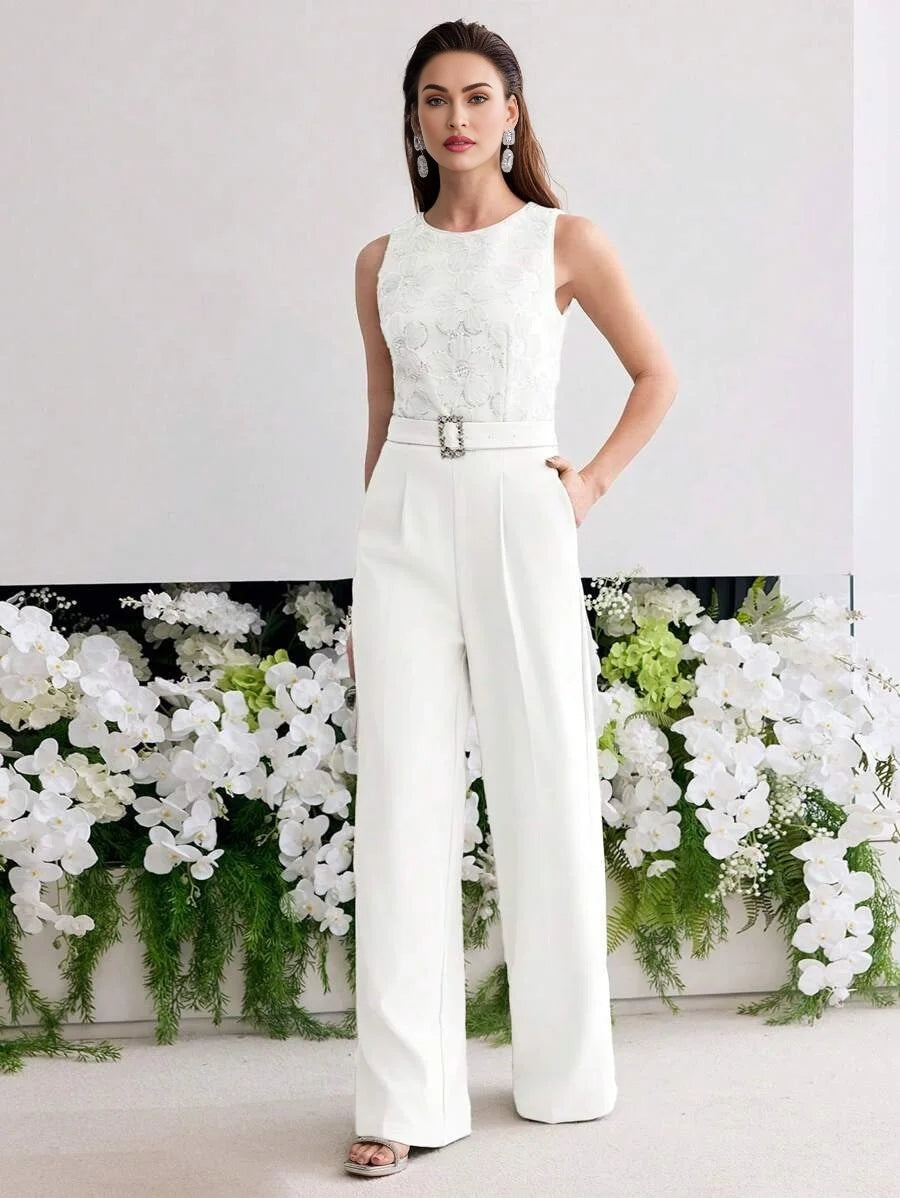 PREMIUM BELTED FLOWER APPLIQUES JUMPSUIT