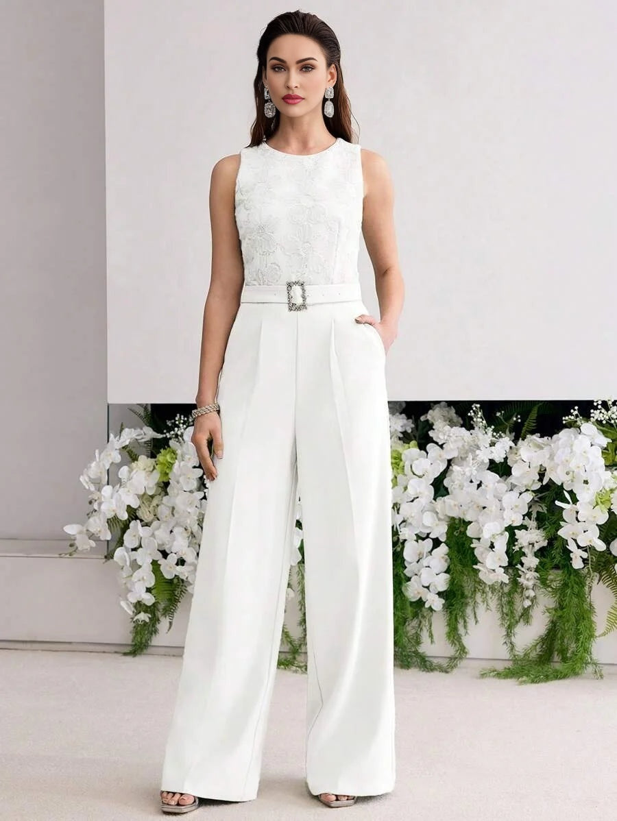 PREMIUM BELTED FLOWER APPLIQUES JUMPSUIT