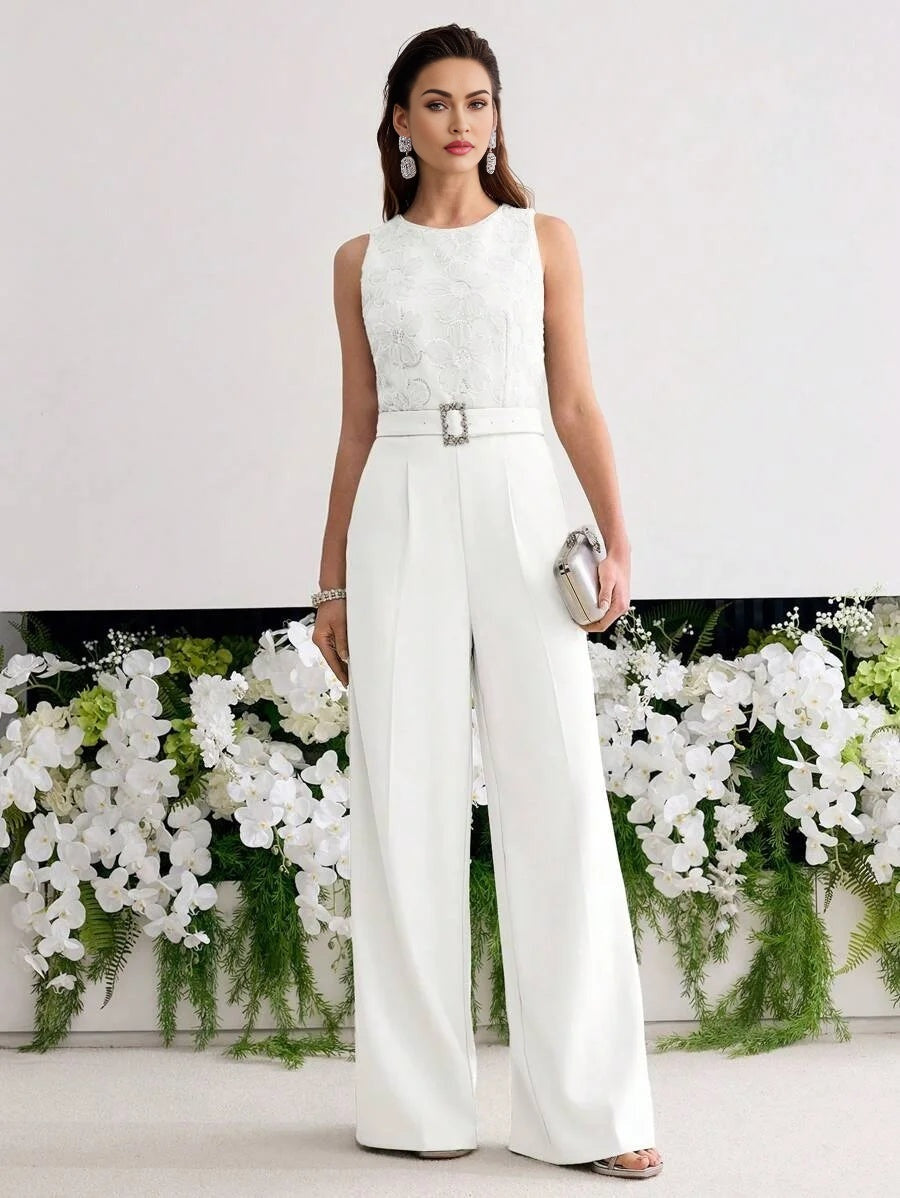 PREMIUM BELTED FLOWER APPLIQUES JUMPSUIT