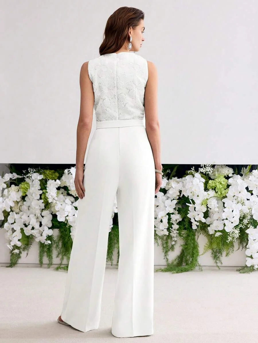 PREMIUM BELTED FLOWER APPLIQUES JUMPSUIT