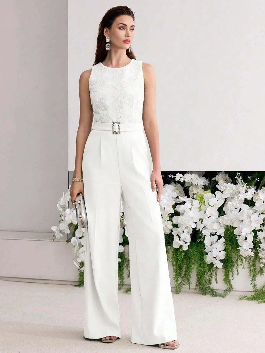 PREMIUM BELTED FLOWER APPLIQUES JUMPSUIT