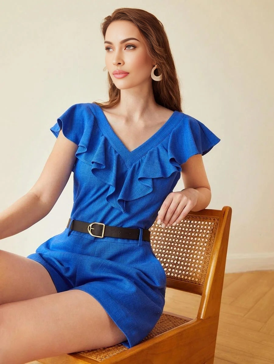 PREMIUM BELTED LINEN VISCOSE RUFFLE ROMPER