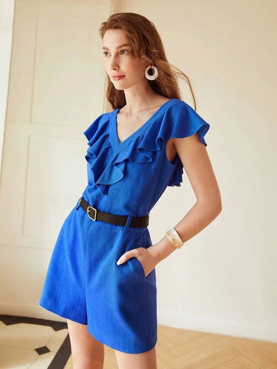 PREMIUM BELTED LINEN VISCOSE RUFFLE ROMPER