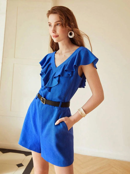 PREMIUM BELTED LINEN VISCOSE RUFFLE ROMPER