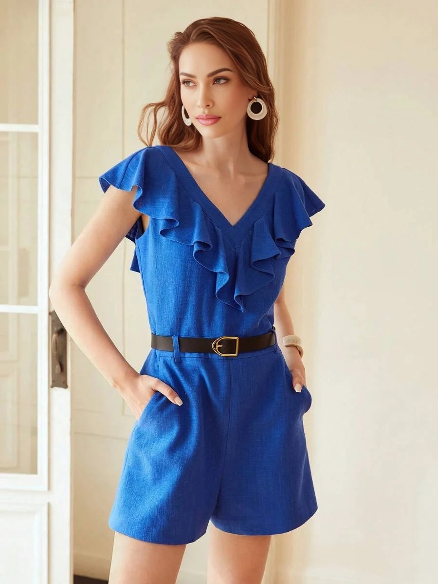 PREMIUM BELTED LINEN VISCOSE RUFFLE ROMPER