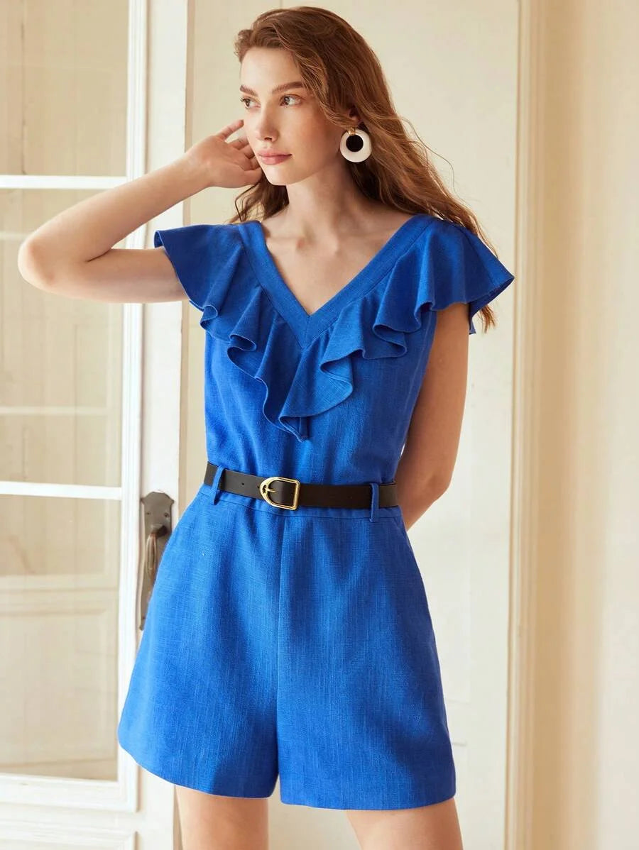 PREMIUM BELTED LINEN VISCOSE RUFFLE ROMPER
