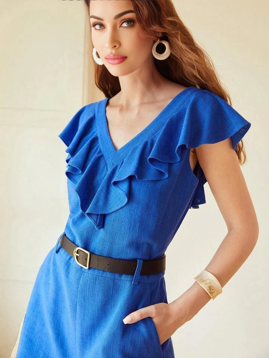 PREMIUM BELTED LINEN VISCOSE RUFFLE ROMPER