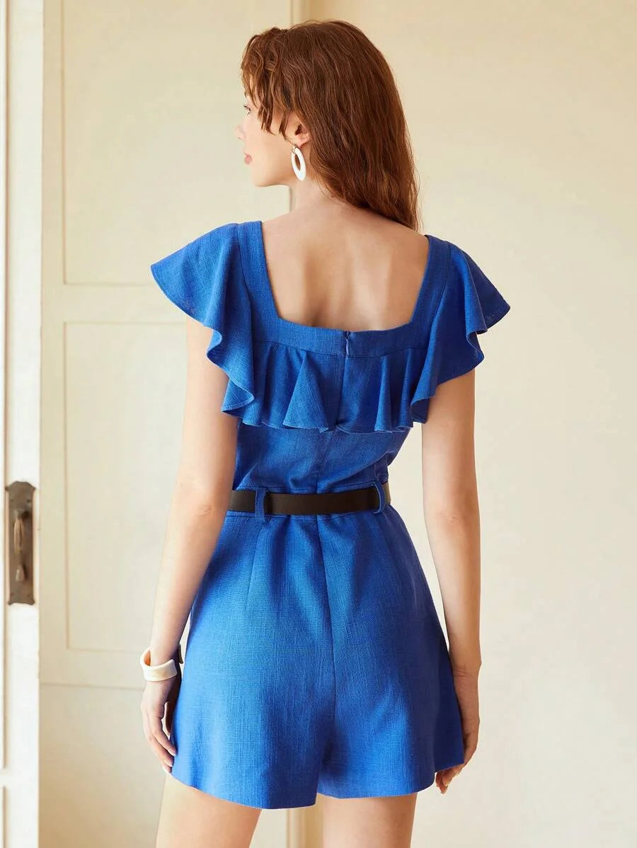 PREMIUM BELTED LINEN VISCOSE RUFFLE ROMPER