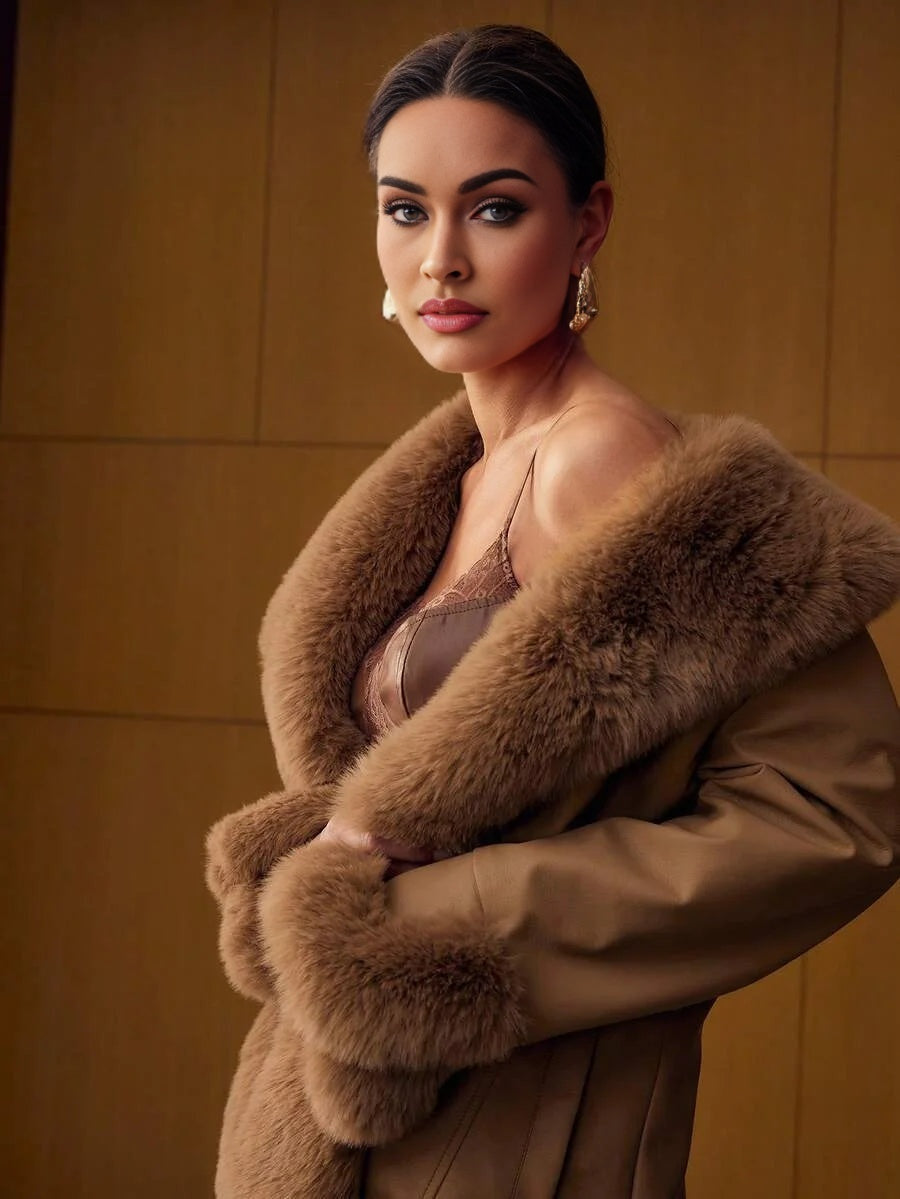 PREMIUM BELTED LONG SLEEVE FAUX FUR COAT