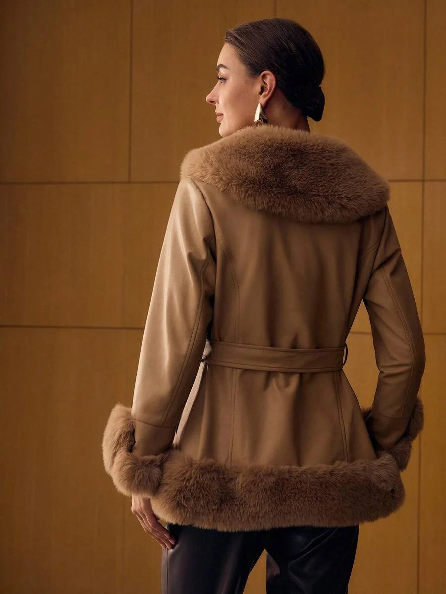 PREMIUM BELTED LONG SLEEVE FAUX FUR COAT