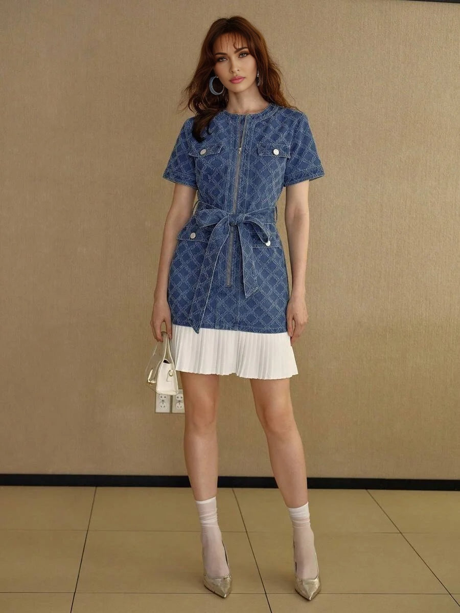 PREMIUM BELTED PLEATED DENIM DRESS