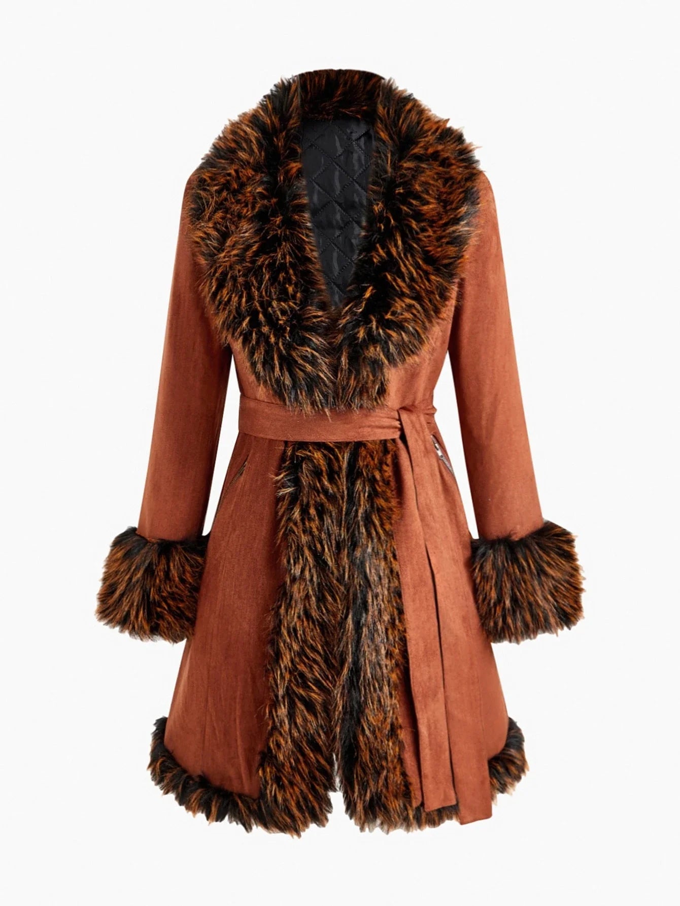 PREMIUM BELTED POCKET FAUX FUR COAT