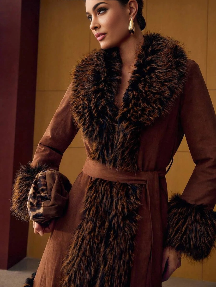 PREMIUM BELTED POCKET FAUX FUR COAT