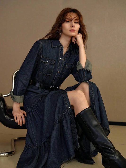 PREMIUM BELTED RUFFLE HEM DENIM DRESS