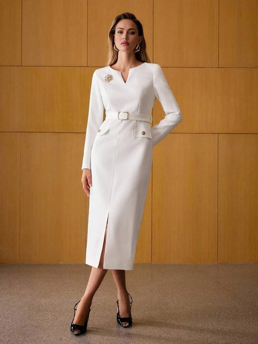 PREMIUM BELTED SPLIT DRESS