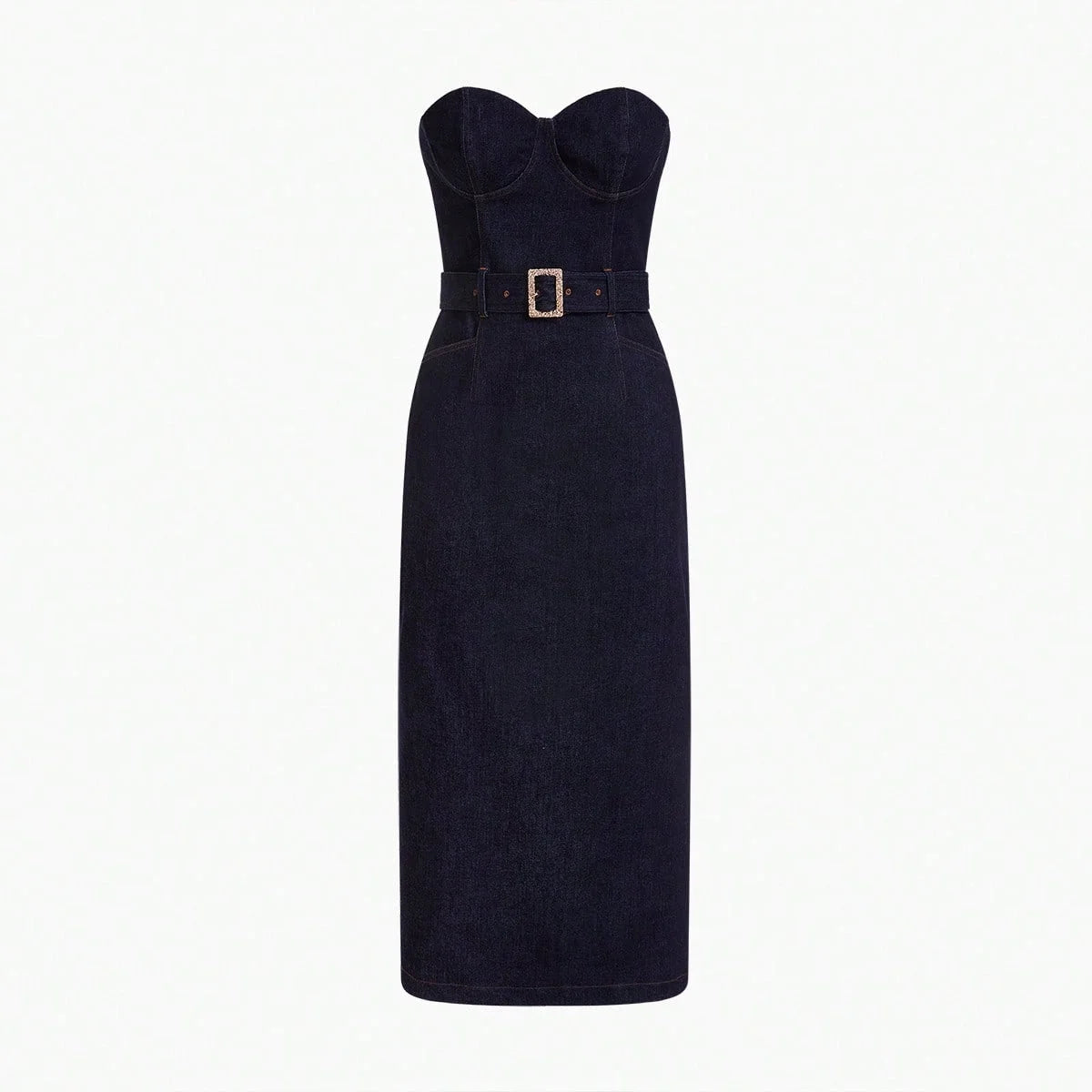 PREMIUM BELTED STRAPLESS BUSTIER DENIM DRESS