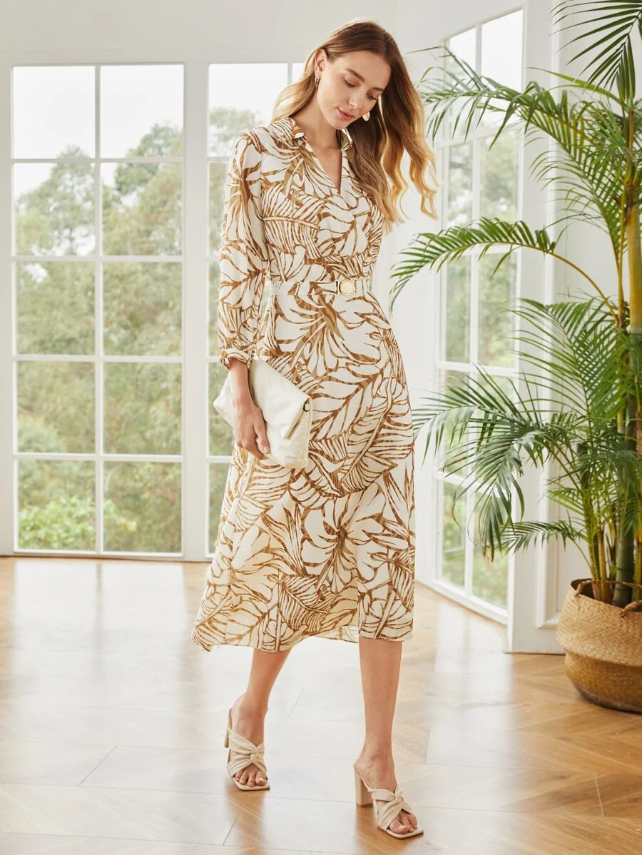 PREMIUM BELTED TROPICAL PRINT SHIRT DRESS