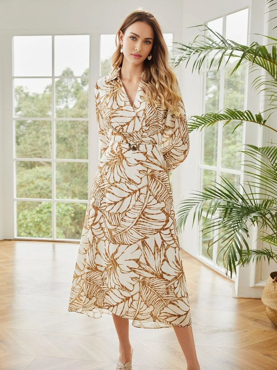 PREMIUM BELTED TROPICAL PRINT SHIRT DRESS