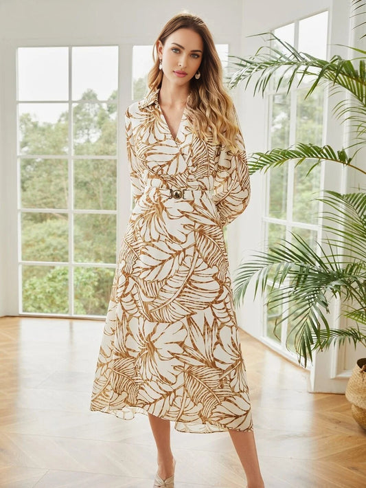 PREMIUM BELTED TROPICAL PRINT SHIRT DRESS