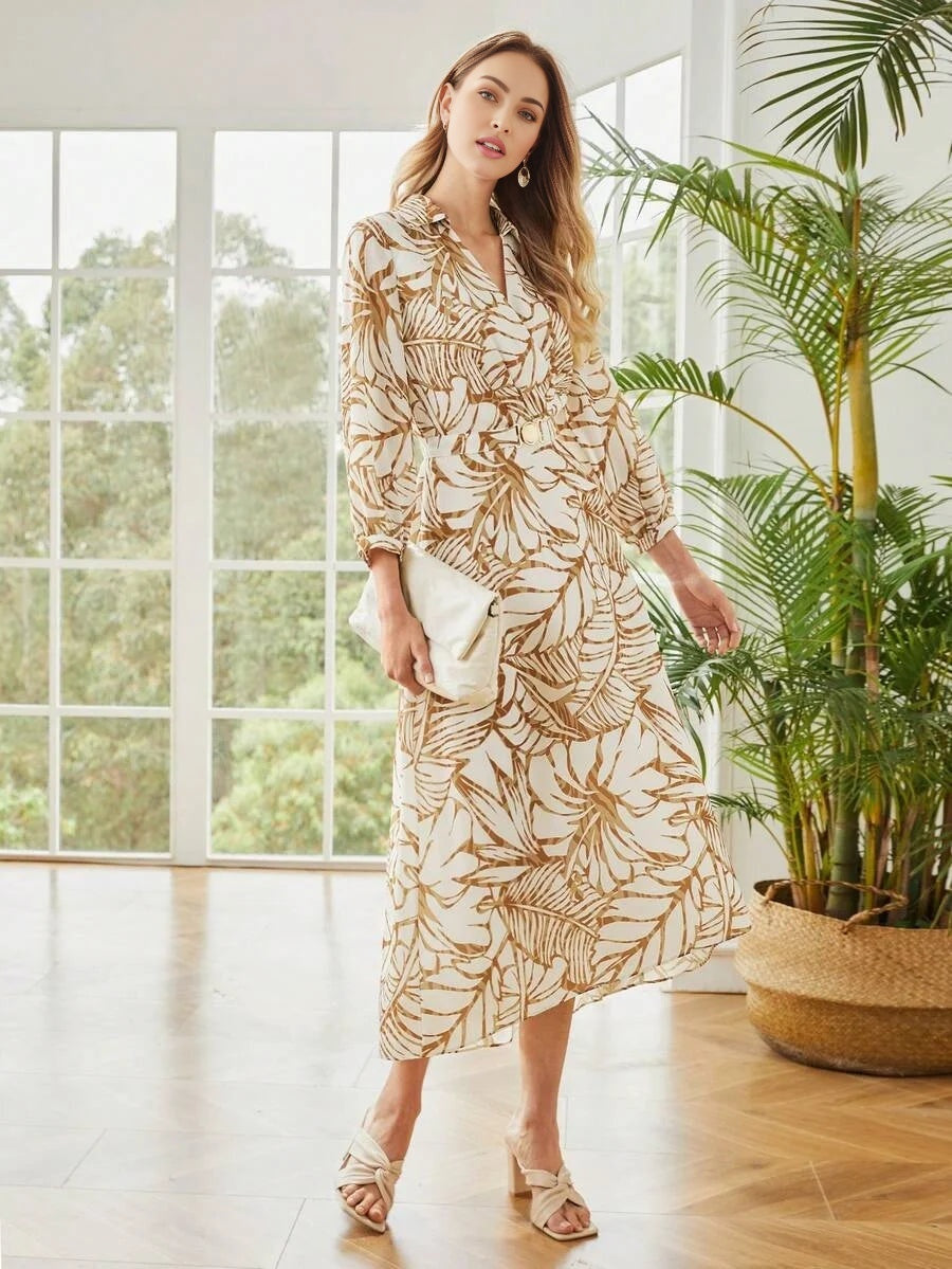 PREMIUM BELTED TROPICAL PRINT SHIRT DRESS