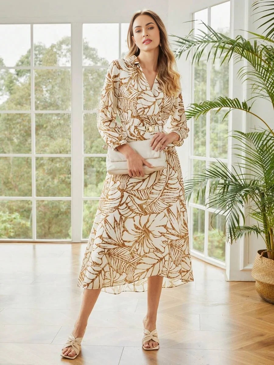 PREMIUM BELTED TROPICAL PRINT SHIRT DRESS