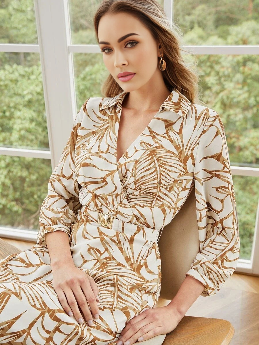 PREMIUM BELTED TROPICAL PRINT SHIRT DRESS