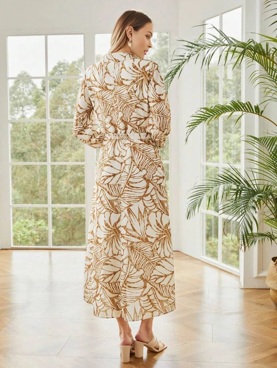 PREMIUM BELTED TROPICAL PRINT SHIRT DRESS