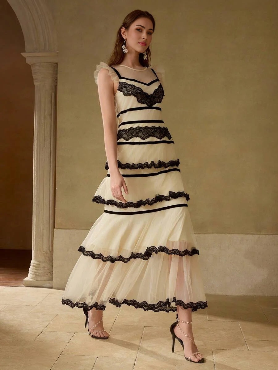 PREMIUM BLACK amp WHITE CONTRAST LACE PATCHWORK ELEGANT CAKE DRESS