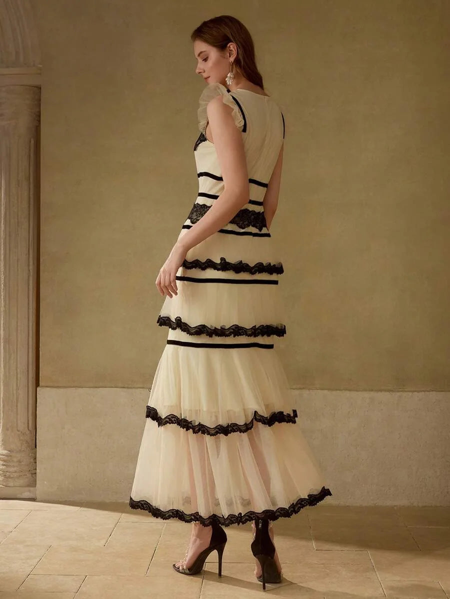 PREMIUM BLACK amp WHITE CONTRAST LACE PATCHWORK ELEGANT CAKE DRESS