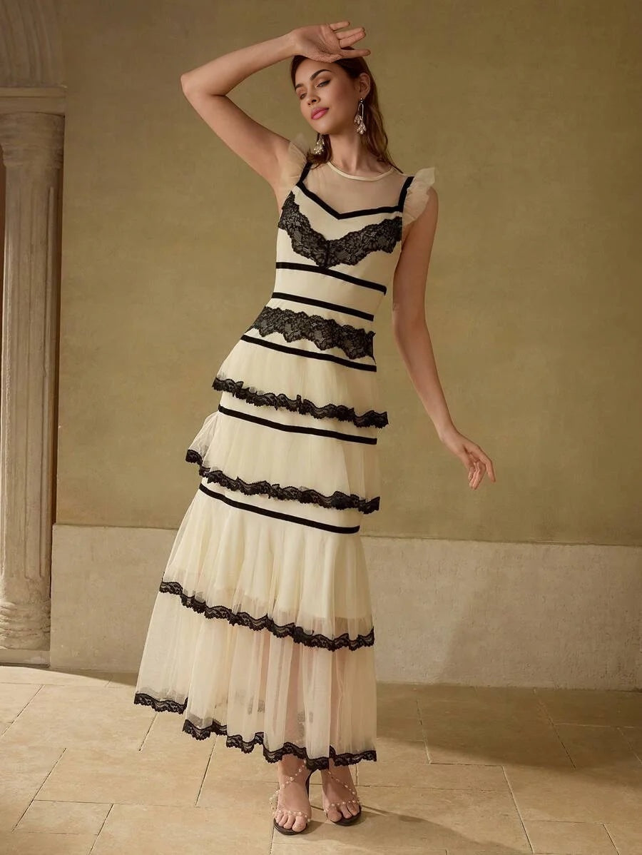 PREMIUM BLACK amp WHITE CONTRAST LACE PATCHWORK ELEGANT CAKE DRESS