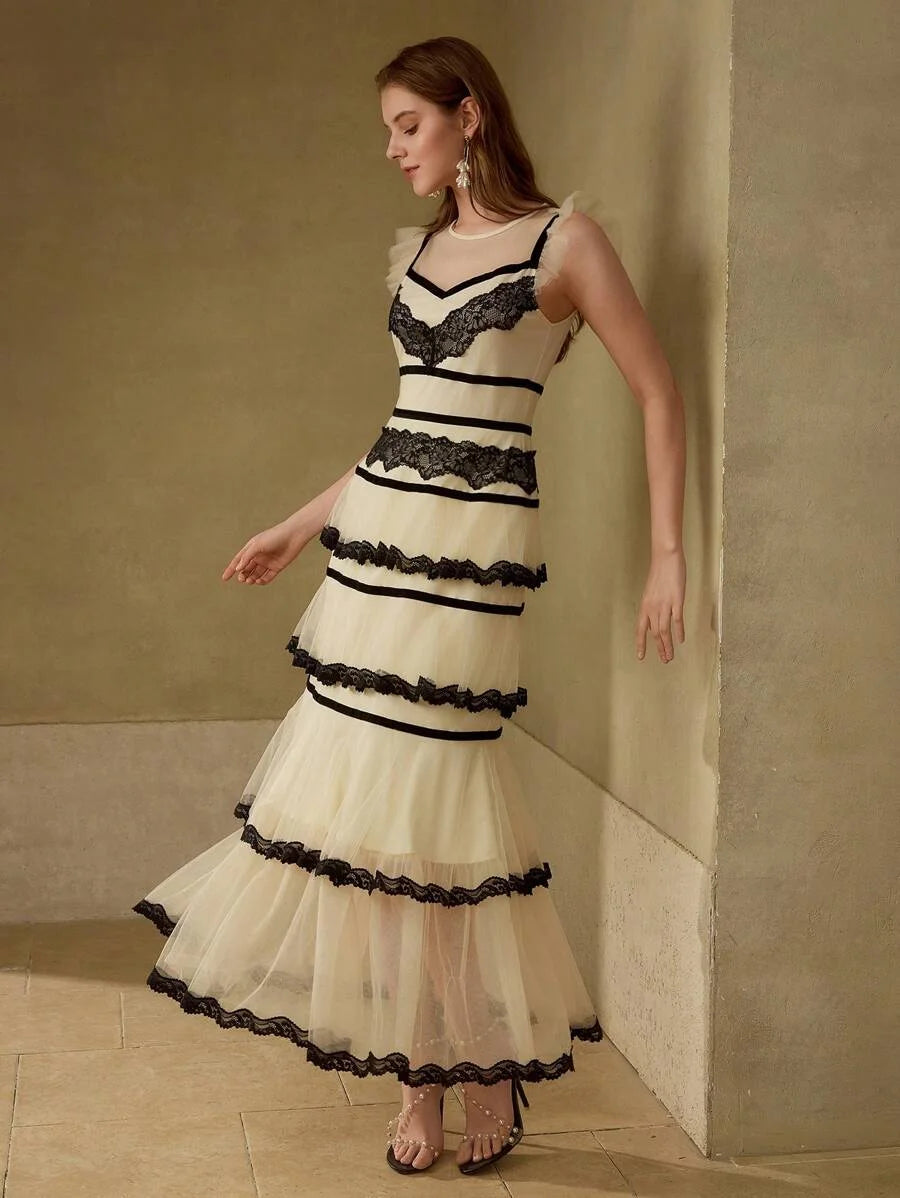 PREMIUM BLACK amp WHITE CONTRAST LACE PATCHWORK ELEGANT CAKE DRESS