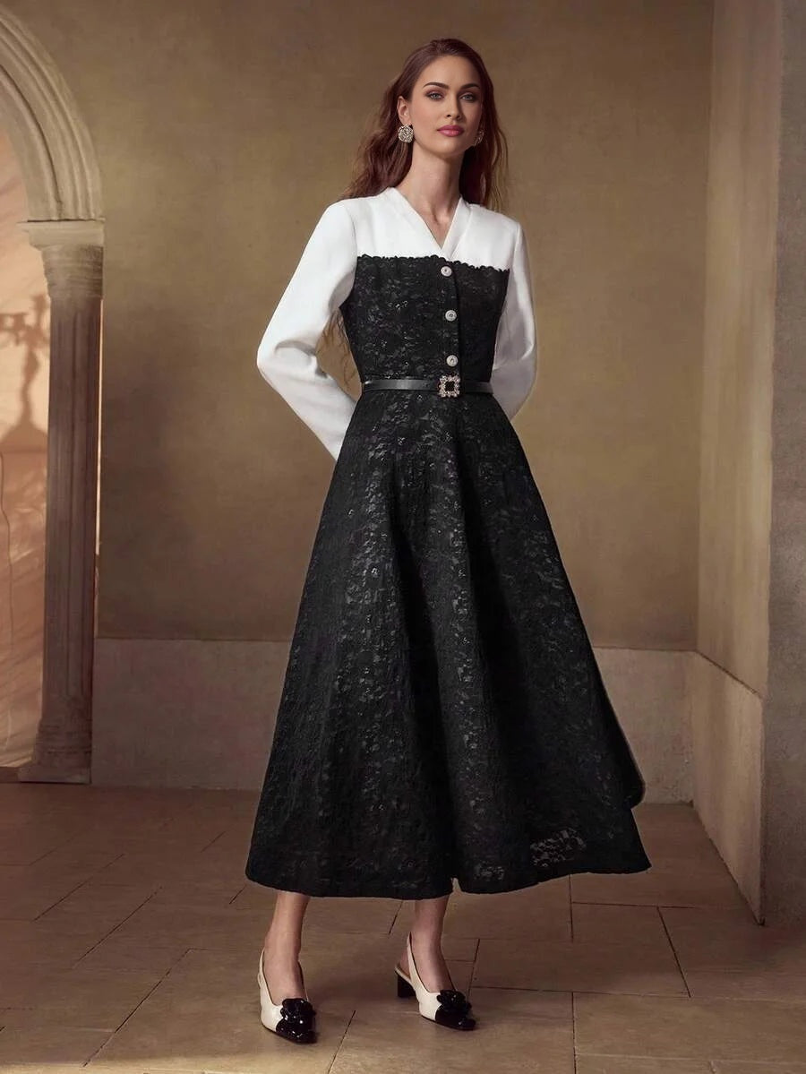 PREMIUM BLACK amp WHITE CONTRAST LACE PATCHWORK LONG SLEEVE MIDI DRESS
