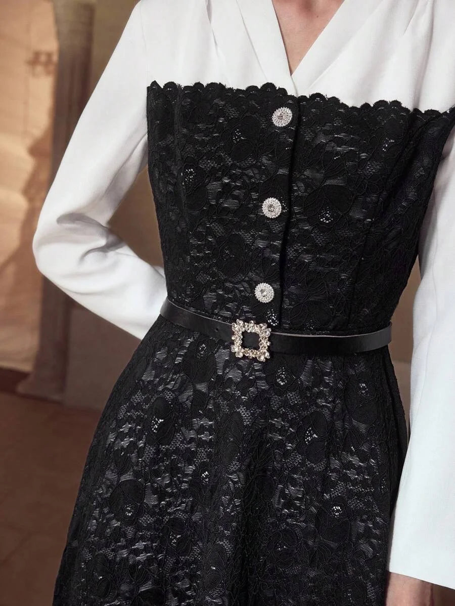 PREMIUM BLACK amp WHITE CONTRAST LACE PATCHWORK LONG SLEEVE MIDI DRESS