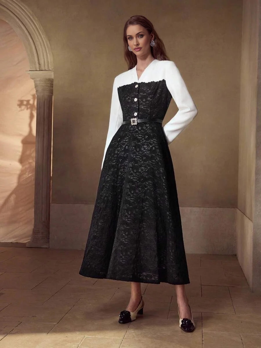 PREMIUM BLACK amp WHITE CONTRAST LACE PATCHWORK LONG SLEEVE MIDI DRESS