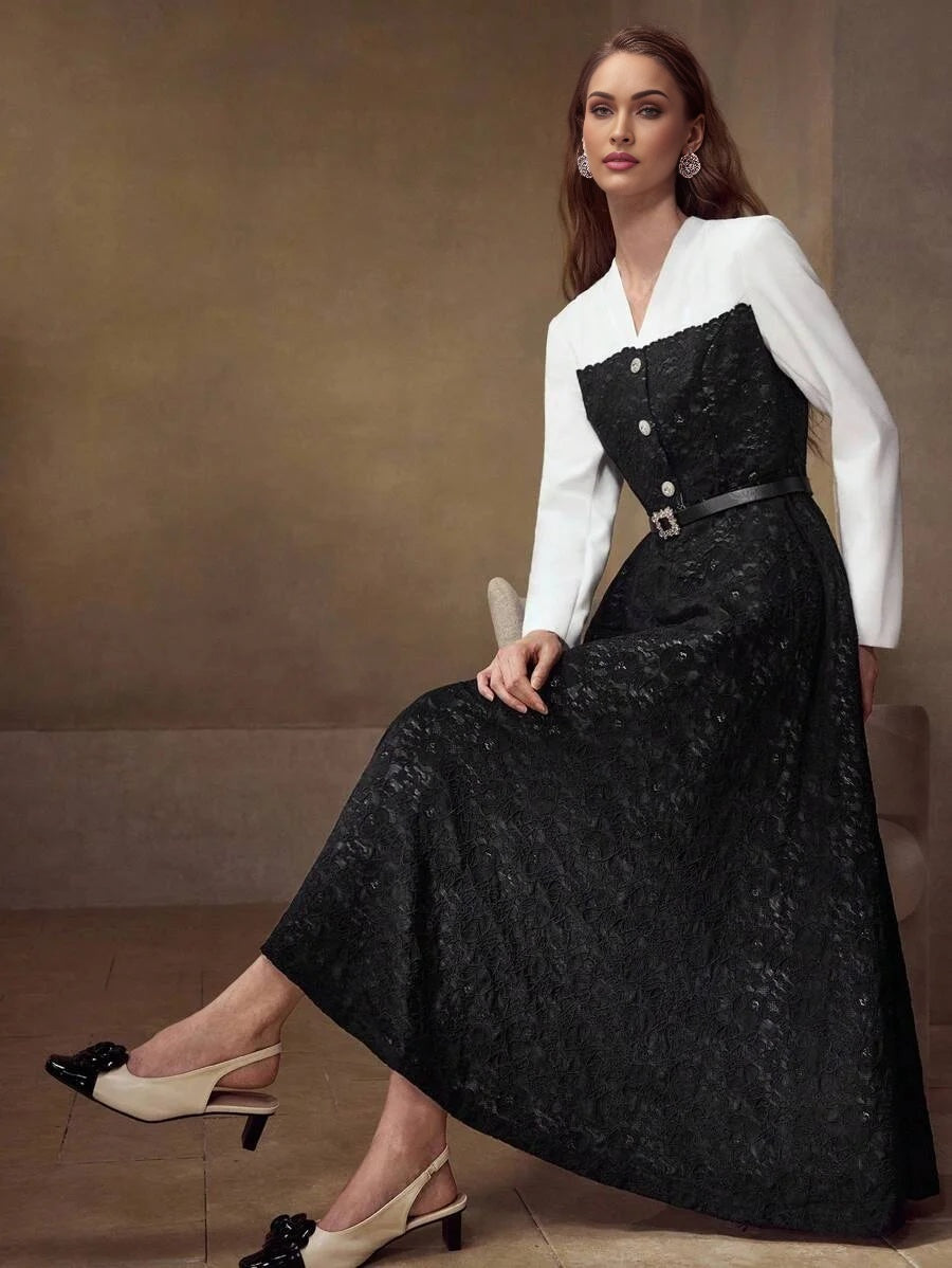 PREMIUM BLACK amp WHITE CONTRAST LACE PATCHWORK LONG SLEEVE MIDI DRESS