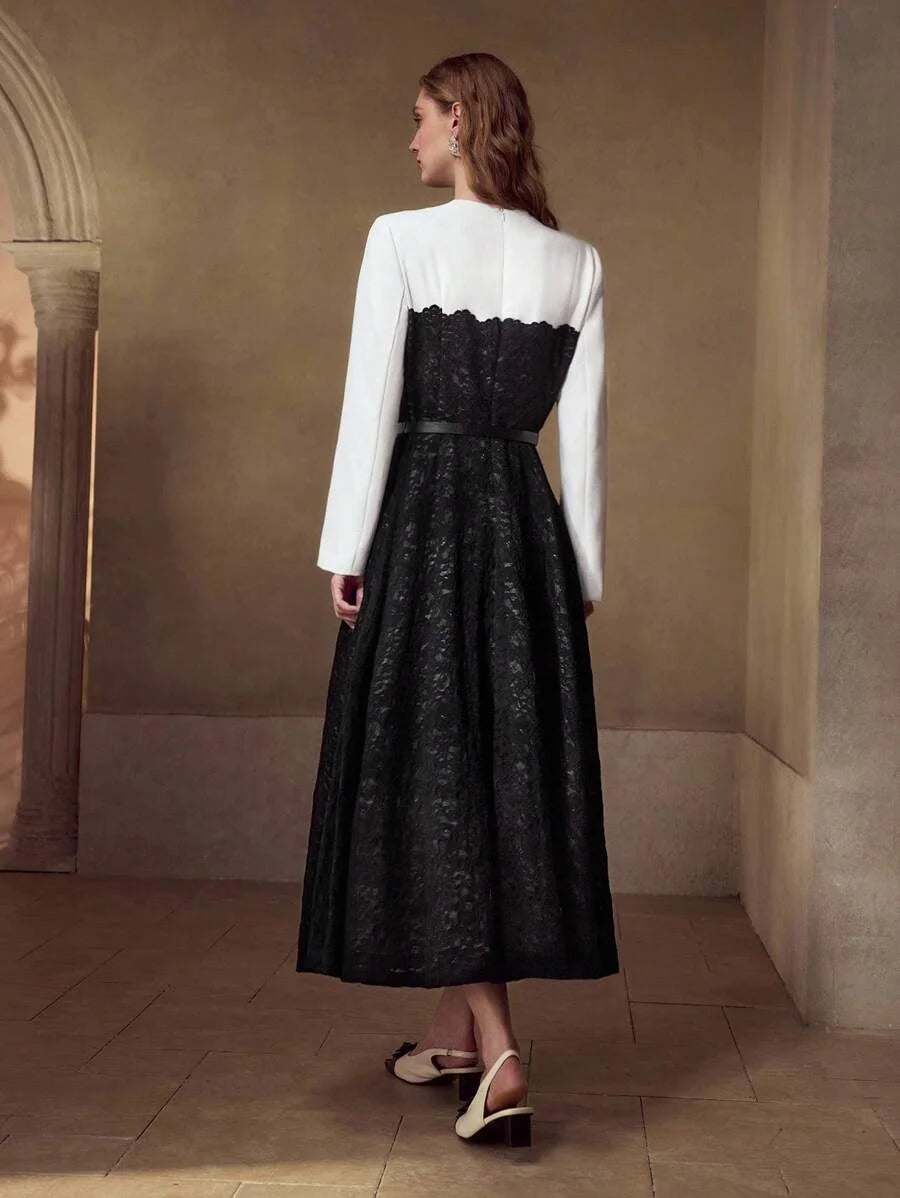 PREMIUM BLACK amp WHITE CONTRAST LACE PATCHWORK LONG SLEEVE MIDI DRESS