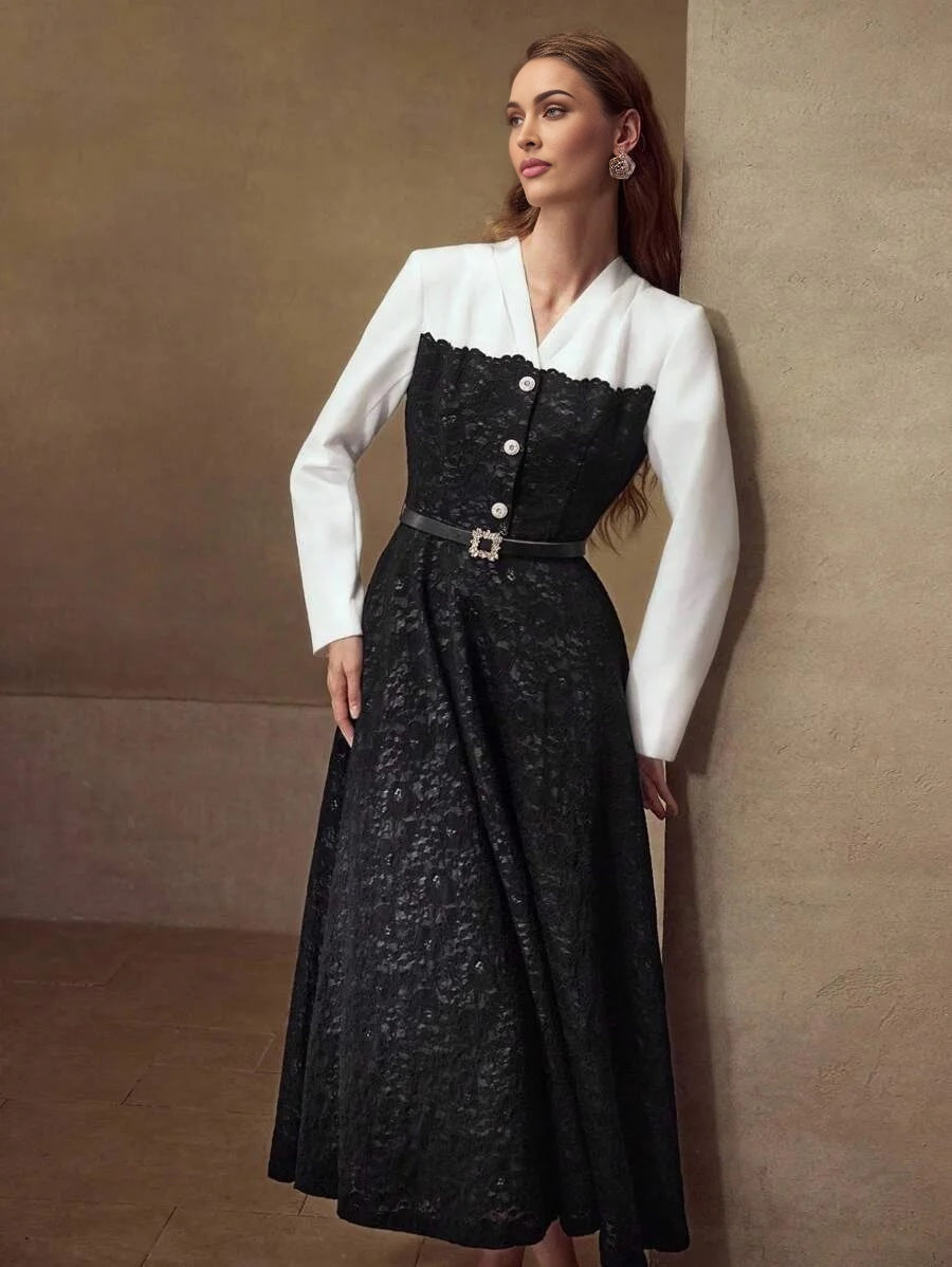 PREMIUM BLACK amp WHITE CONTRAST LACE PATCHWORK LONG SLEEVE MIDI DRESS