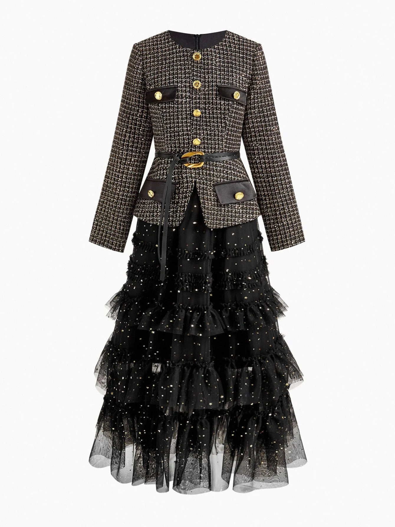 PREMIUM BLACK ELEGANT DRESS WITH ROUND NECK MESH PATCHWORK AND SEQUIN DECOR