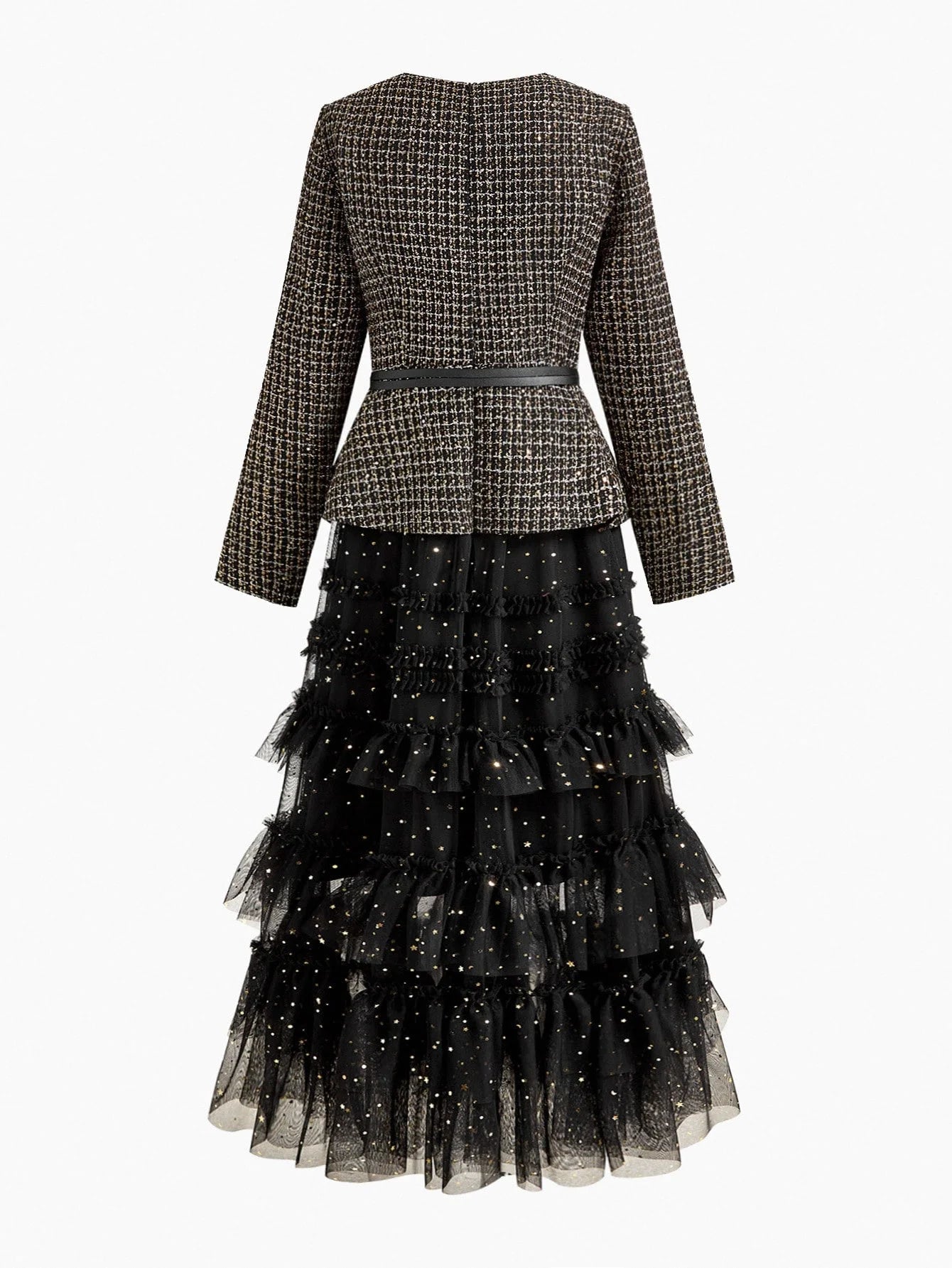 PREMIUM BLACK ELEGANT DRESS WITH ROUND NECK MESH PATCHWORK AND SEQUIN DECOR