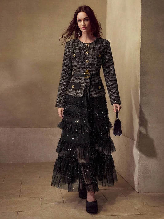 PREMIUM BLACK ELEGANT DRESS WITH ROUND NECK MESH PATCHWORK AND SEQUIN DECOR