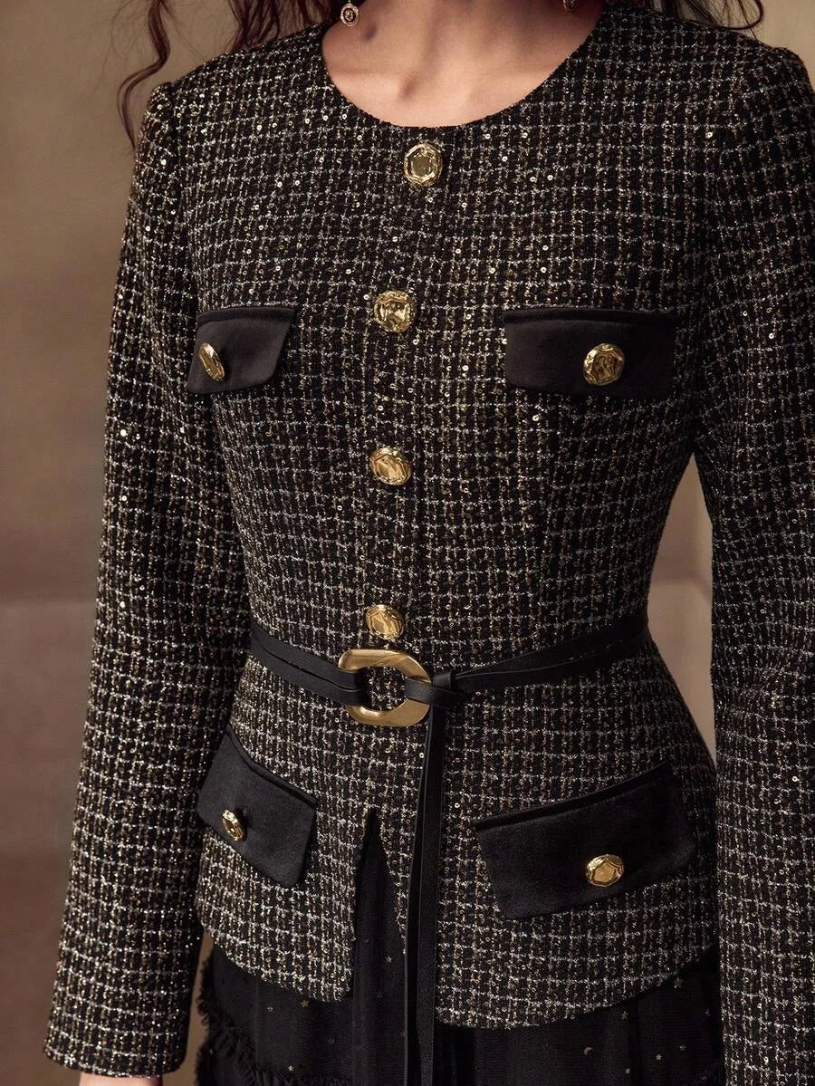 PREMIUM BLACK ELEGANT DRESS WITH ROUND NECK MESH PATCHWORK AND SEQUIN DECOR