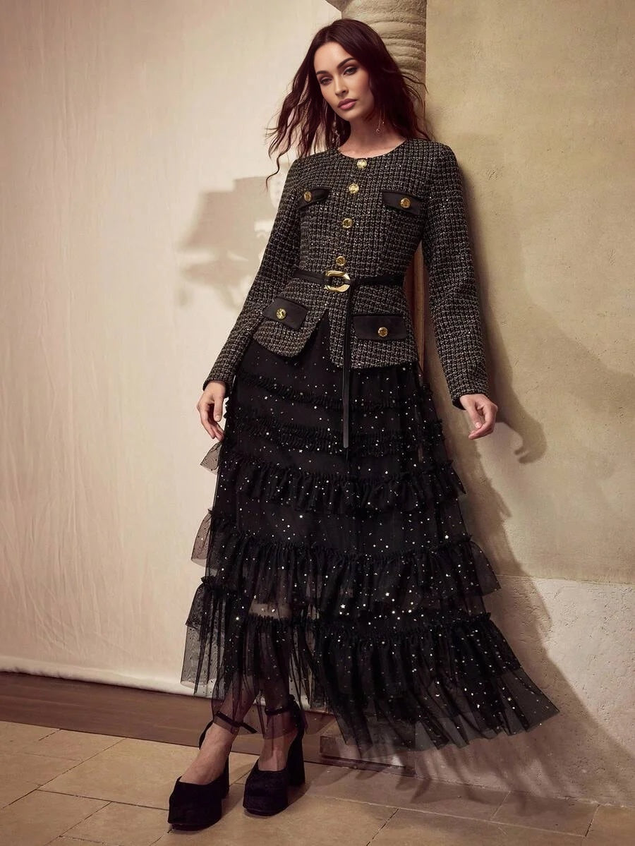 PREMIUM BLACK ELEGANT DRESS WITH ROUND NECK MESH PATCHWORK AND SEQUIN DECOR