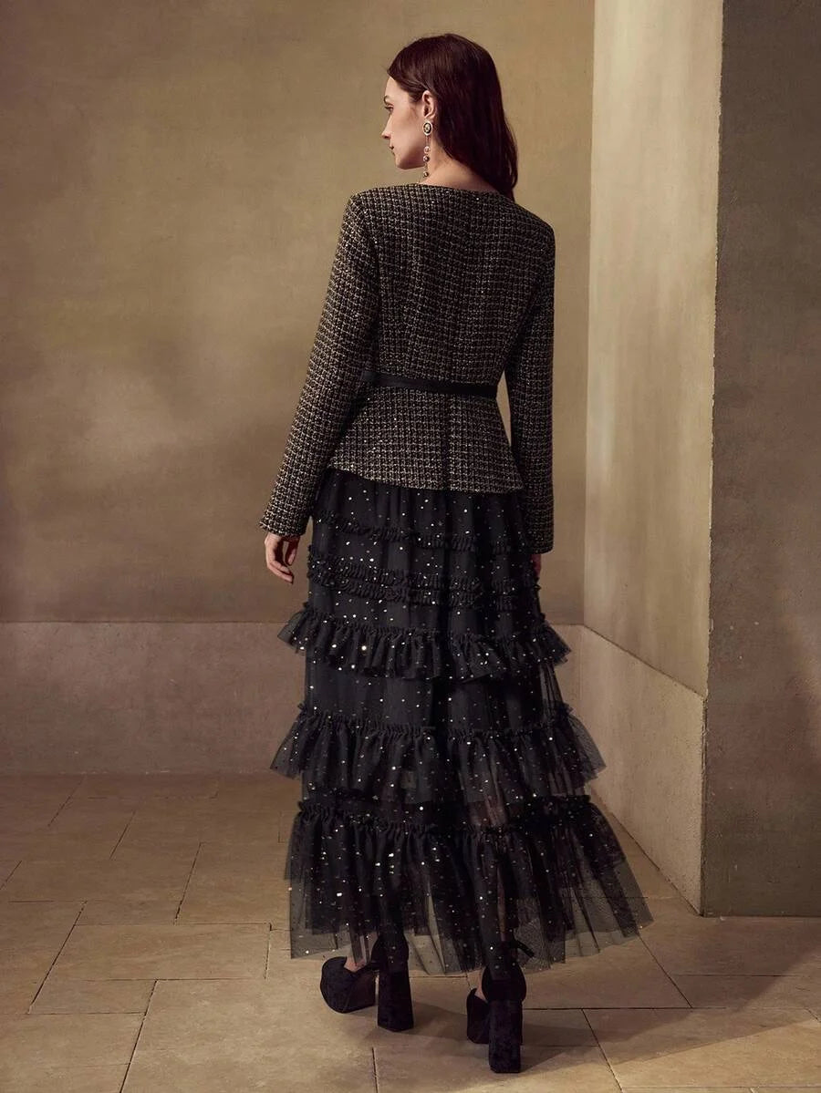 PREMIUM BLACK ELEGANT DRESS WITH ROUND NECK MESH PATCHWORK AND SEQUIN DECOR