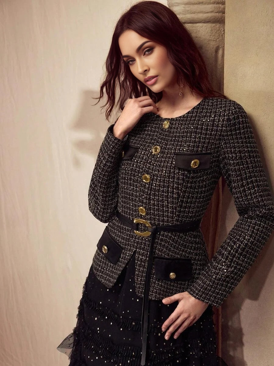 PREMIUM BLACK ELEGANT DRESS WITH ROUND NECK MESH PATCHWORK AND SEQUIN DECOR