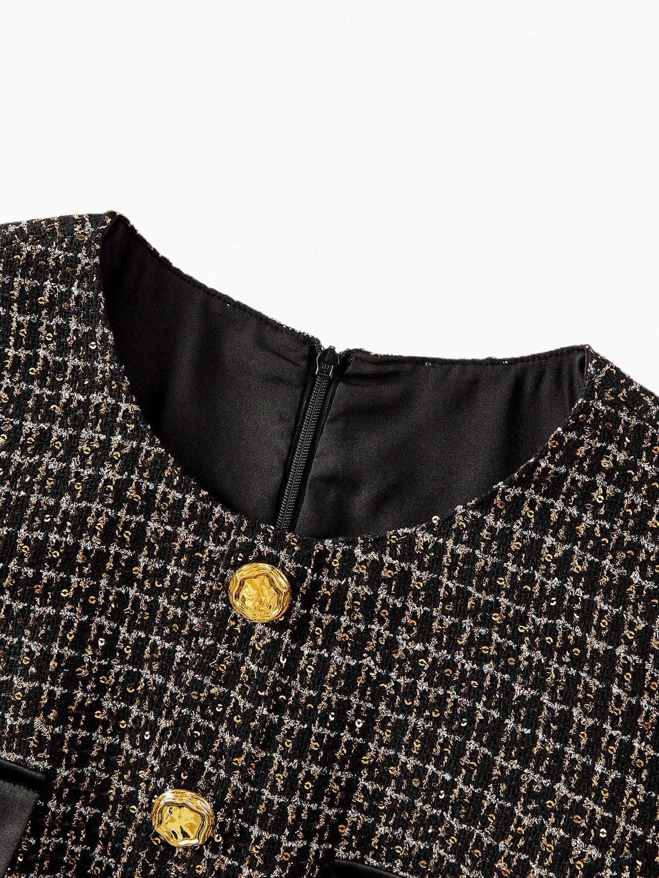 PREMIUM BLACK ELEGANT DRESS WITH ROUND NECK MESH PATCHWORK AND SEQUIN DECOR