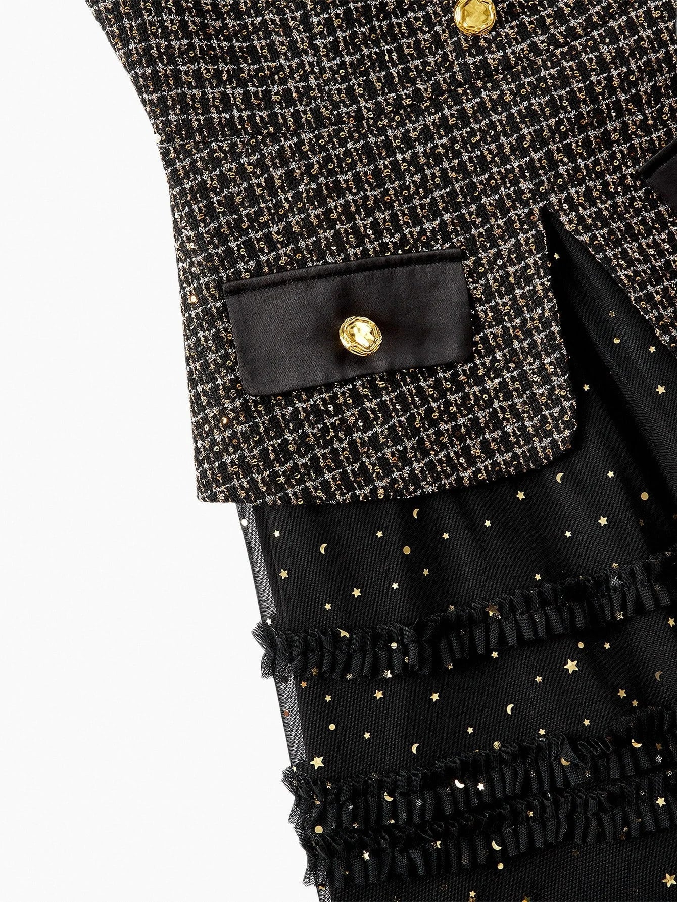 PREMIUM BLACK ELEGANT DRESS WITH ROUND NECK MESH PATCHWORK AND SEQUIN DECOR