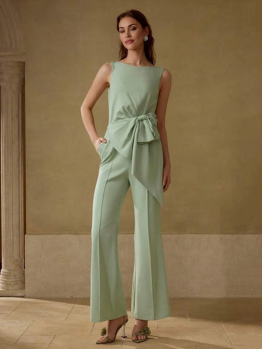 PREMIUM BOW DECOR PINTUCK JUMPSUIT