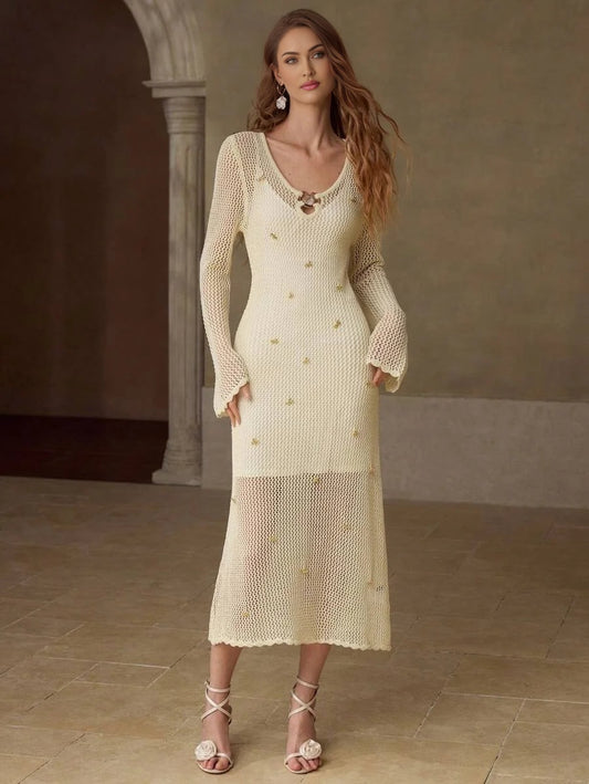 PREMIUM BOW DECOR POINTELLE KNIT SWEATER DRESS