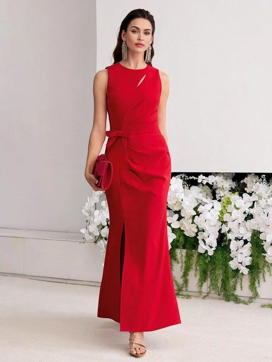 PREMIUM BOW DECOR THIGH SLIT DRESS